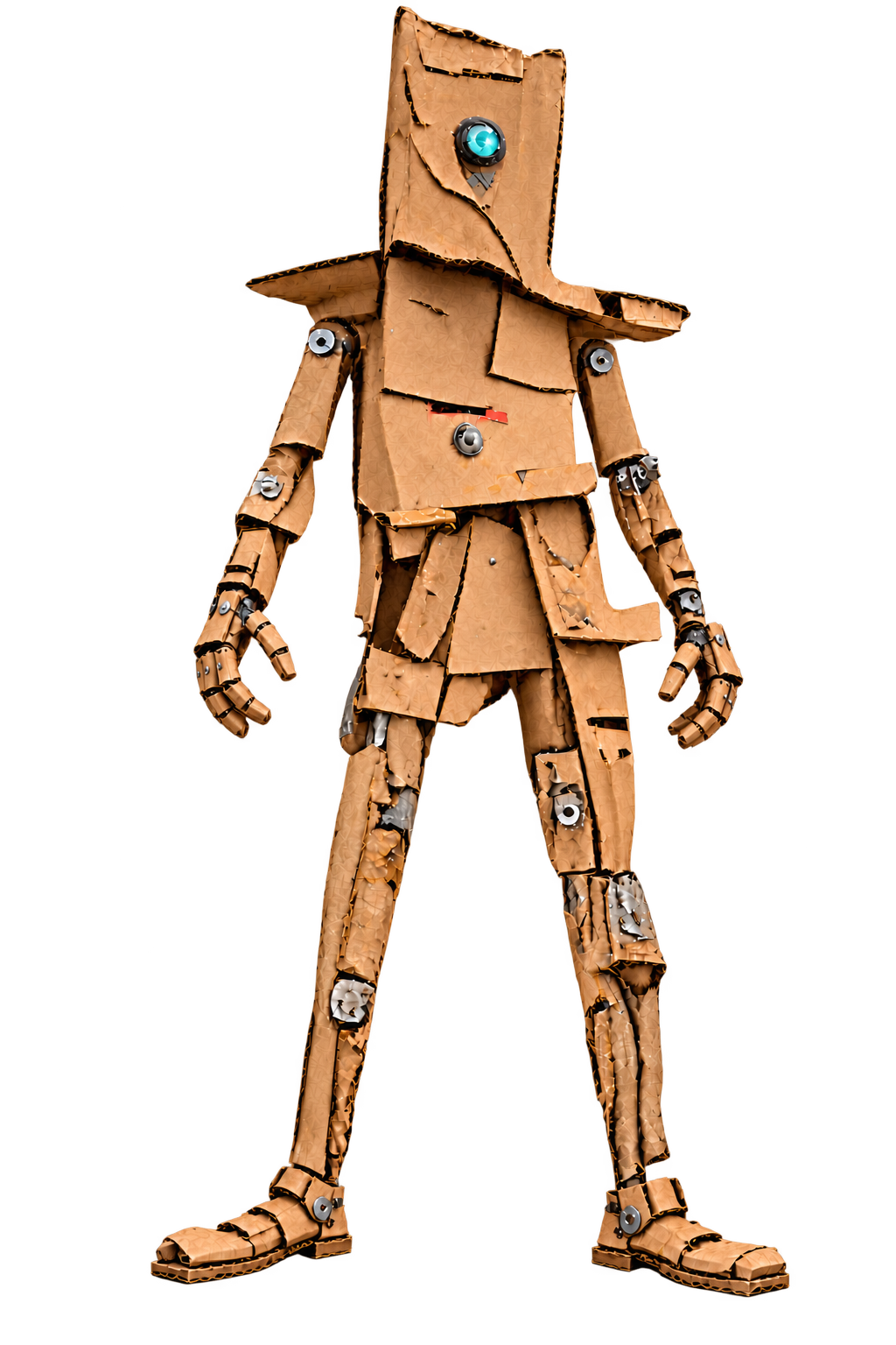 JGR’s handmade cardboard mascot, with mechanical joints and a glowing cyan eye.