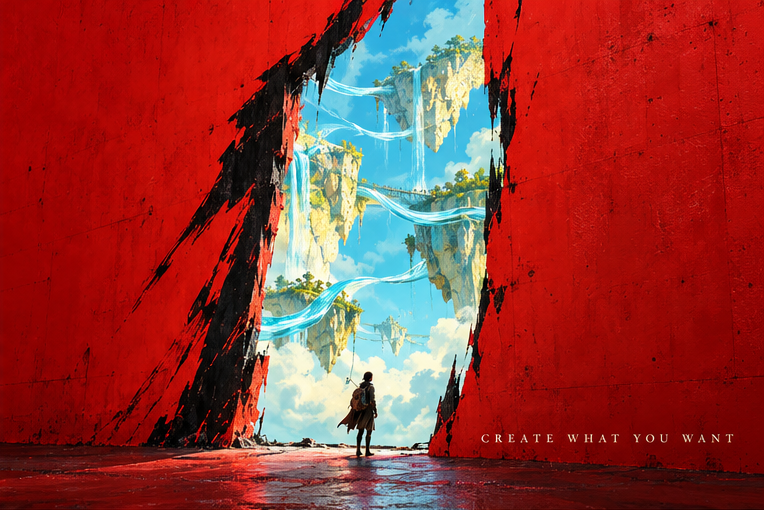 A lone explorer looks through a torn red opening into a sky filled with floating islands.