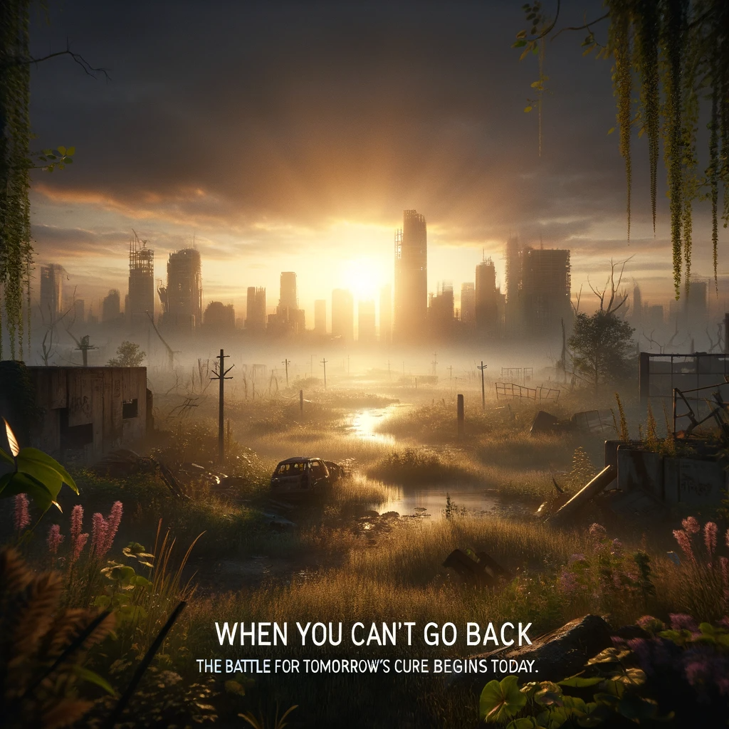 Can’t Go Back artwork: an overgrown ruined city at sunrise. When you can’t go back, the battle for tomorrow’s cure begins today.