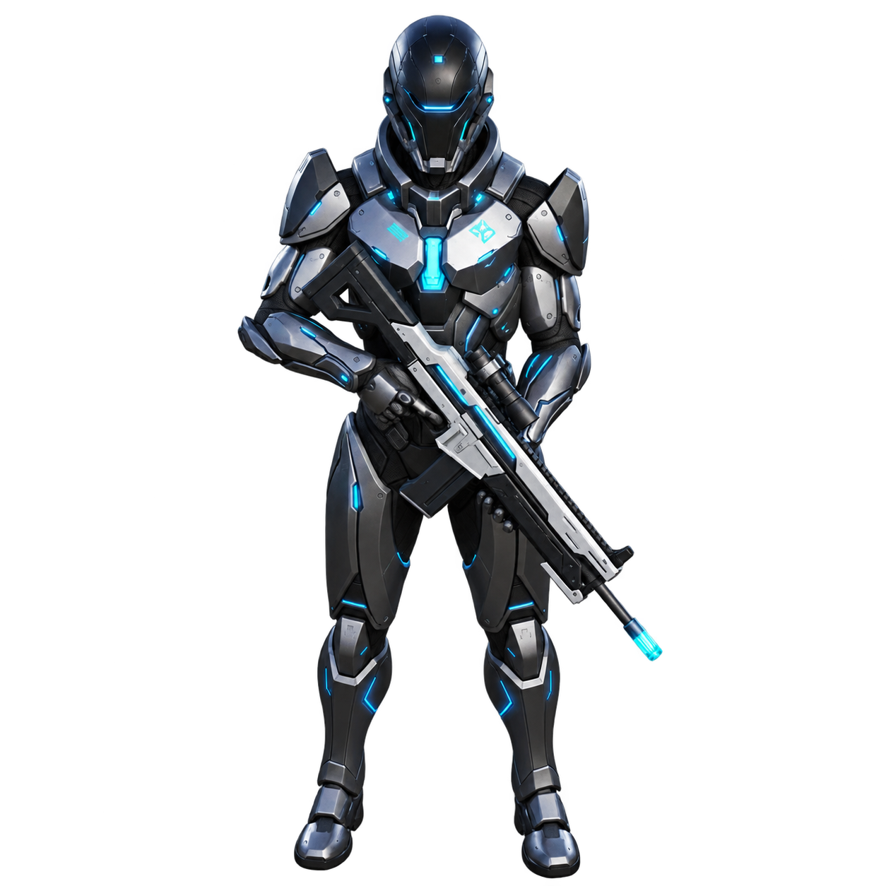 Epoch soldier in dark futuristic armor with glowing cyan details, holding a rifle.